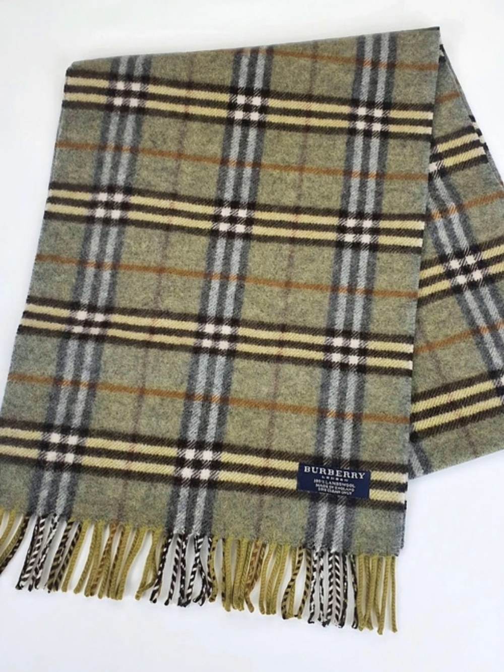Burberry Vintage Check Lambswool Scarf Plaid Green & Gray 172 Cm